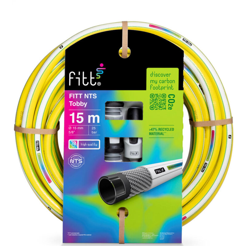foto del prodotto fitt nts tobby 5 8 15mm 15m kit, tubo per irrigazione giardino, robusto e malleabile per uso intensivo con lancia regolabile e raccordi