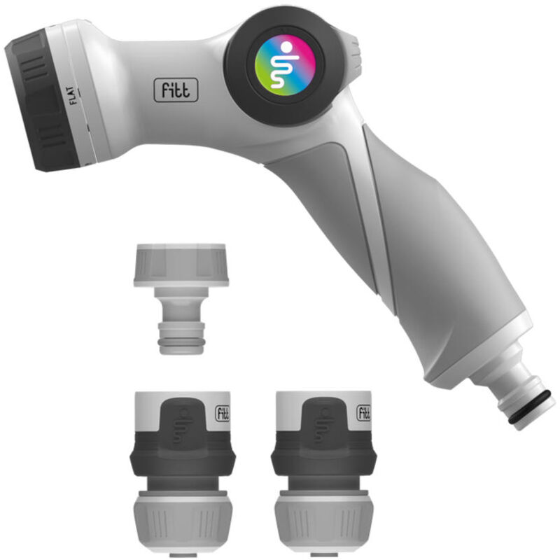foto del prodotto fitt set accessori tubi da irrigazione composto da 1 pistola multigetto, 2 raccordi a scatto 1 dotato di aquastop e 1 presa per rubinetto da 3 4 
