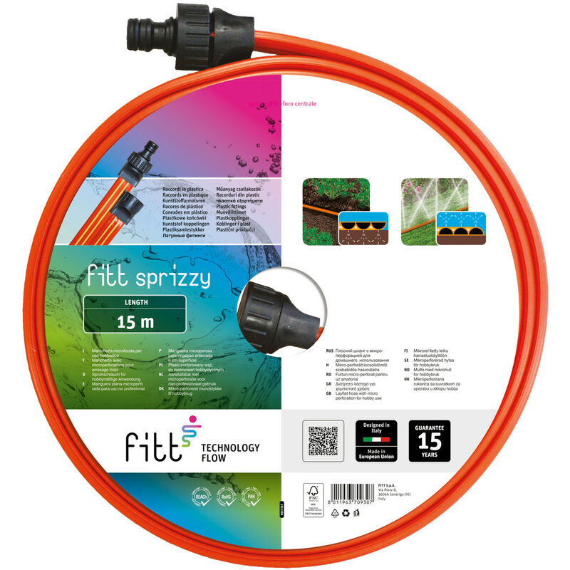 foto del prodotto fitt sprizzy 15m tubo manichetta microforata a tre vie ideale per irrigare a getto e impregnamento superfici strette e lunghe, per uso hobbystico