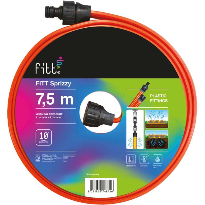 foto del prodotto fitt sprizzy 7,5m tubo manichetta microforata a tre vie ideale per irrigare a getto e impregnamento superfici strette e lunghe, per uso hobbystico