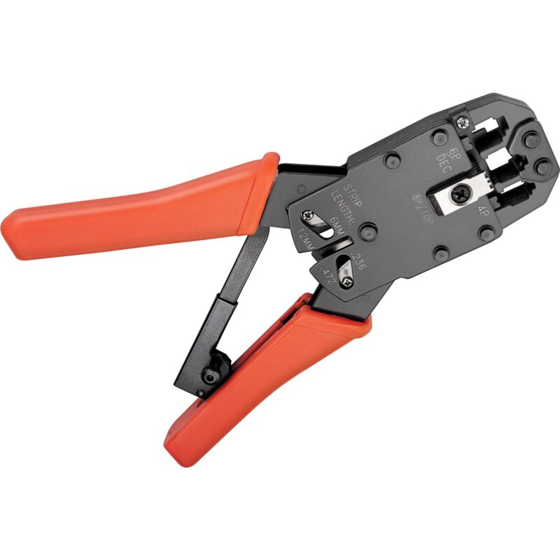 foto del prodotto fixpoint crimpatrice per spine modulari, design compatto, per crimpare spine a 4, 6, 8 e 10 pin di tipo rj10, rj11, rj12 e rj45 e dec.