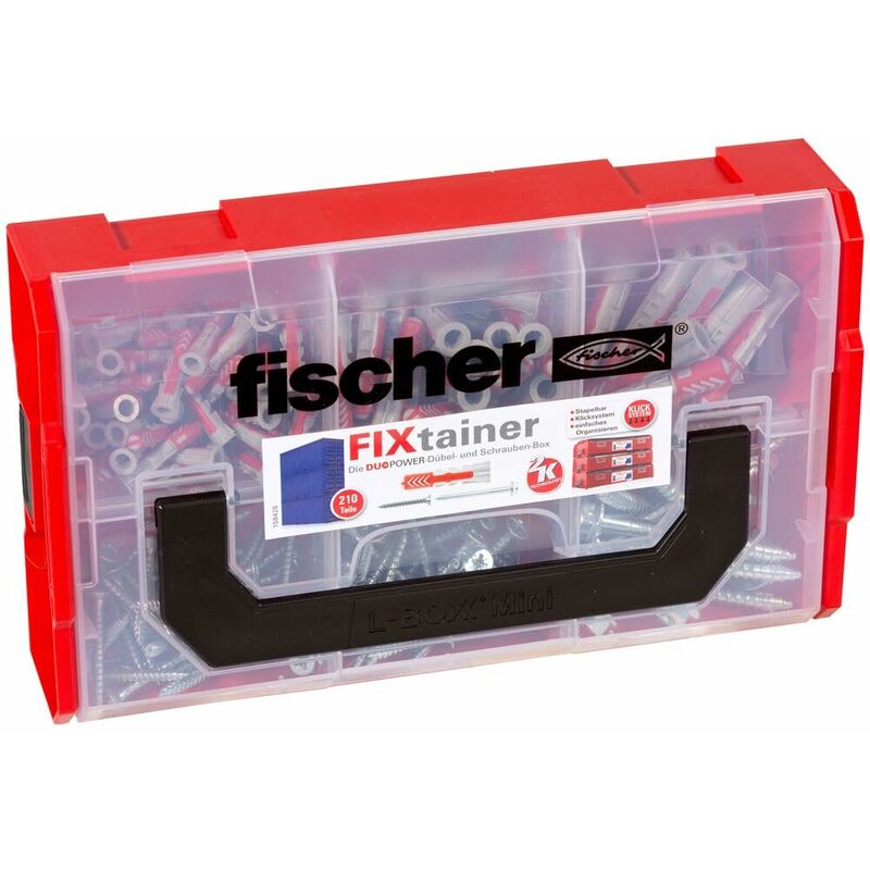 foto del prodotto fixtainer duopower con vite, scatola di tasselli con 210 viti e tasselli duopower 60 pezzi 6 x 30, 30 pezzi 8 x 40, 15 pezzi 10 x 50 , kit