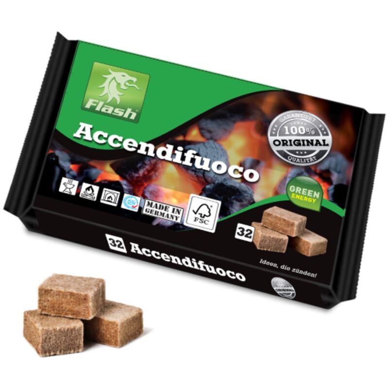 foto del prodotto flash accendifuoco ecologico 32 cubetti in legno e cera accendigriglie per camini