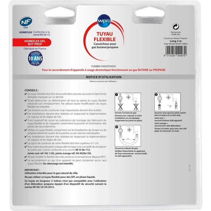 foto del prodotto flessibile gas propano a gas lung. 2m durata di vita utile 10 anni originale forni, fornelli elettrici e a gas wpro 603103000189363962