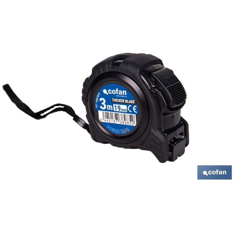 foto del prodotto flessometro biadesivo a lama nera con pulsante di bloccaggio e custodia antiurto 5m x 19mm in abs e metallo