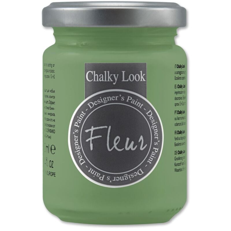 foto del prodotto fleur designer's paint pittura ad acqua, effetto gesso naturale, extra opaca, fleur chalky f51, colore welcome green, made in italy, formato da 130 ml