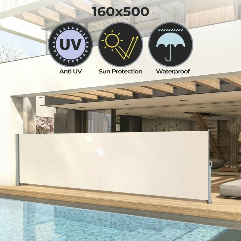 foto del prodotto flivastore tenda da sole laterale 500 x 160 cm, anti uv, frangivento, frangivista, privacy, beige paravento laterale, rettratile, avvol