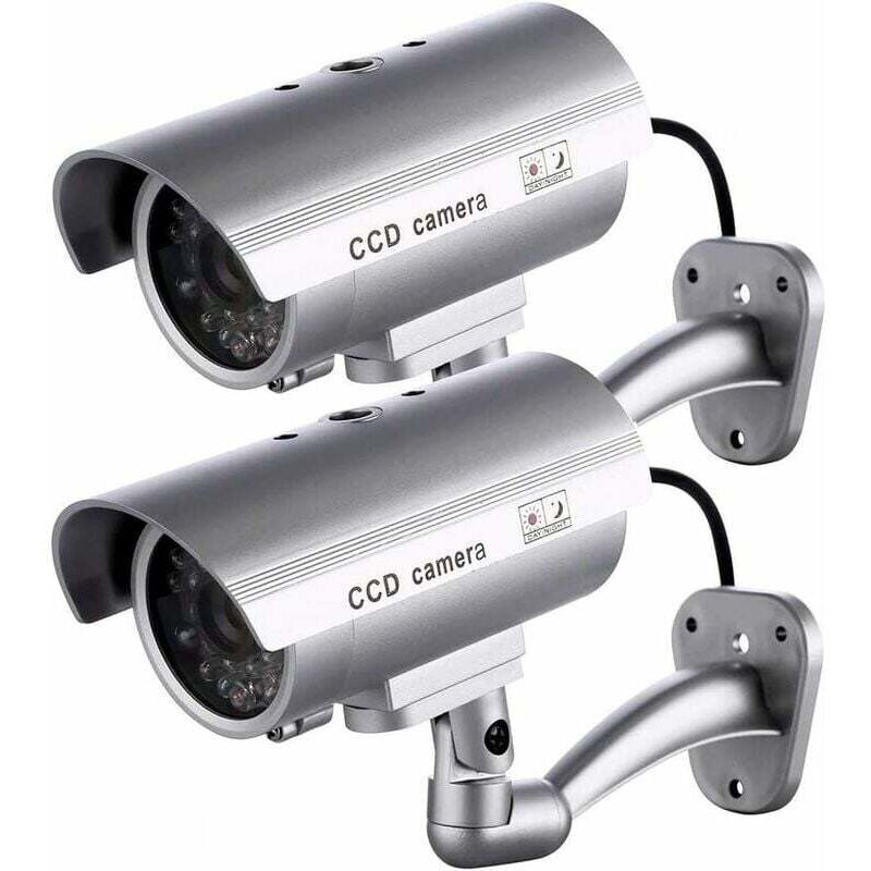 foto del prodotto flyme confezione da 2 telecamere fittizie, telecamere finte per esterni per uso interno o esterno, con forma a proiettile e led lampeggiante, rtgpt