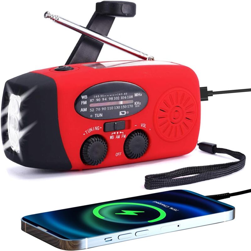 foto del prodotto fm am noaa radio meteorologica a manovella autoalimentata solare portatile mini radio di sopravvivenza di emergenza con 3 led torcia super luminosa