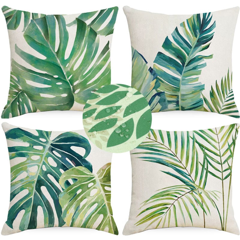 foto del prodotto fodera per cuscino con foglie tropicali, 45 x 45 cm, verde foglia di palma, in poliestere e lino, decorativa per divano, giardino, esterno,