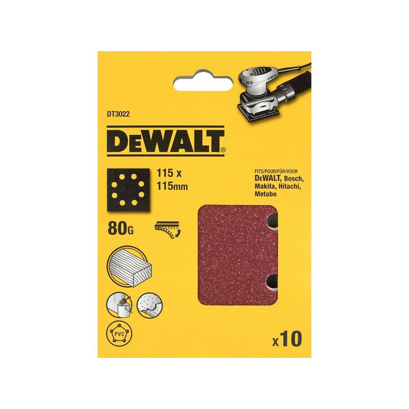 foto del prodotto foglio abrasivo dewalt grana 80 115 x 115 mm 10 pezzi dt3022