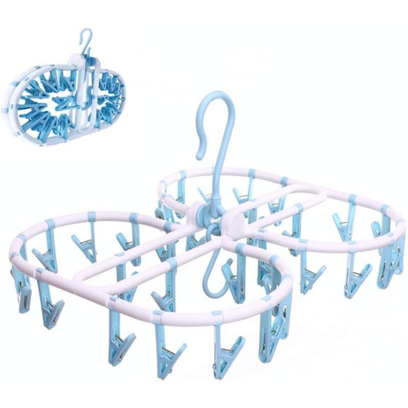 foto del prodotto foldable clothes hangers with 32 clips, collapsible clothes drying rack, travel clothes hanger, easy storage, space saving blue 
