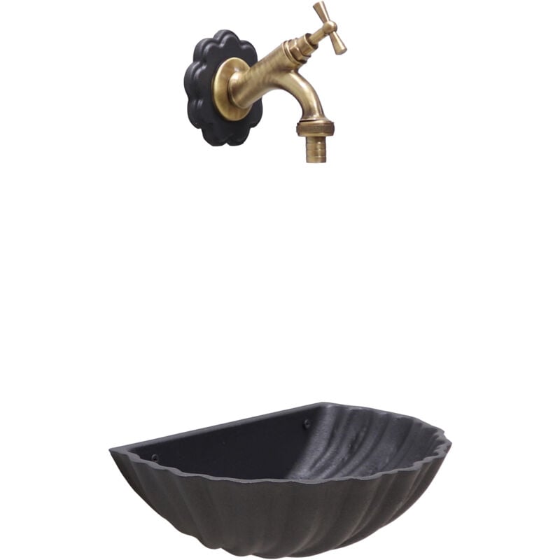 foto del prodotto fonderia bongiovanni fontana a muro conchiglia grigio ghisa con rosone fiore per casa giardino con rubinetto in ottone a scelta brunito