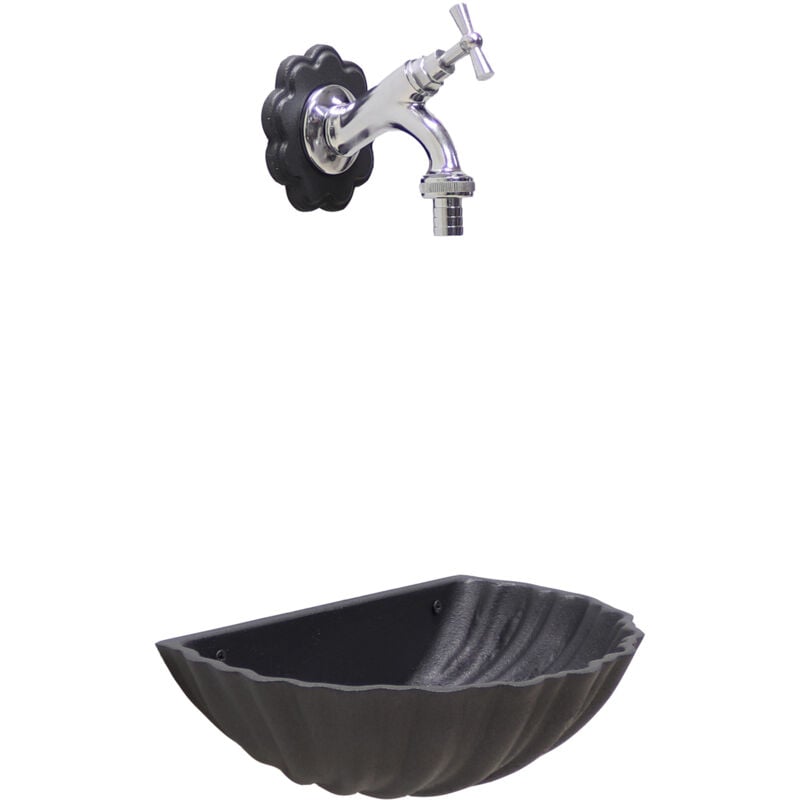 foto del prodotto fonderia bongiovanni fontana a muro conchiglia grigio ghisa con rosone fiore per casa giardino con rubinetto in ottone a scelta cromato