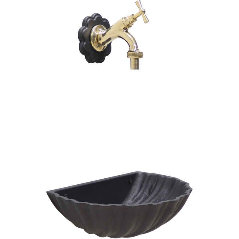 foto del prodotto fonderia bongiovanni fontana a muro conchiglia grigio ghisa con rosone fiore per casa giardino con rubinetto in ottone a scelta lucido