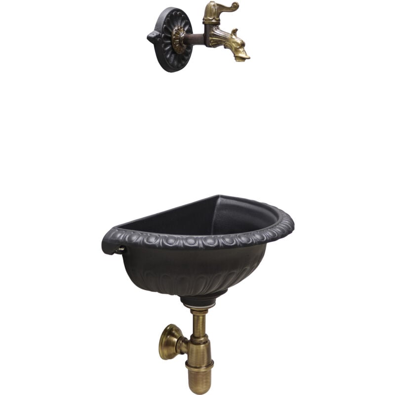 foto del prodotto fonderia bongiovanni fontana a muro kit liberty per casa giardino da parete esterno balcone grigio ghisa con rubinetto 147 e sifone in ottone