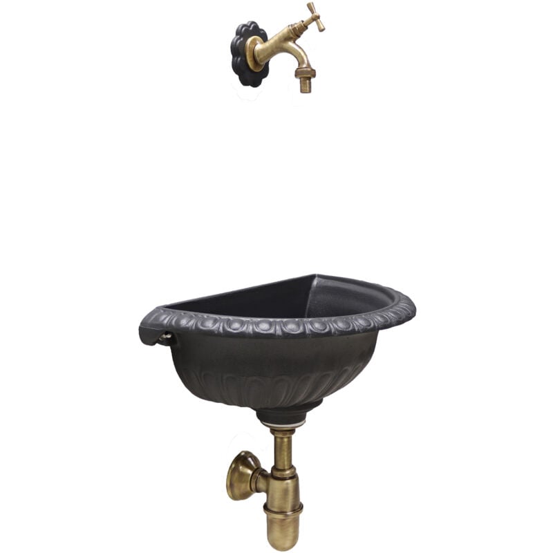 foto del prodotto fonderia bongiovanni fontana a muro liberty per casa giardino da parete esterno balcone grigio ghisa con rubinetto e sifone in ottone brunito