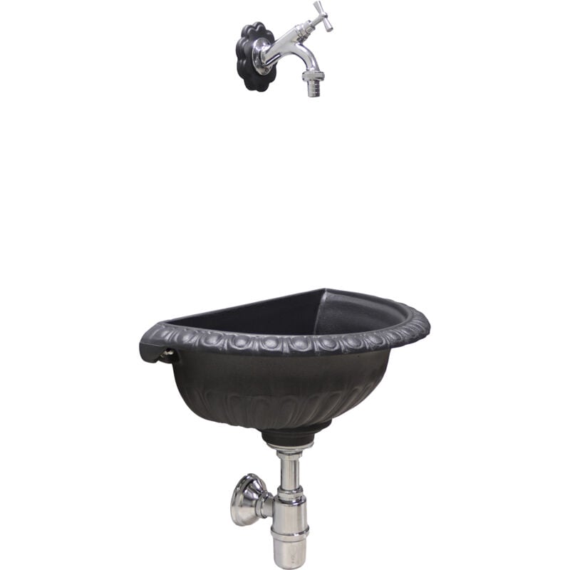 foto del prodotto fonderia bongiovanni fontana a muro liberty per casa giardino da parete esterno balcone grigio ghisa con rubinetto e sifone in ottone cromato