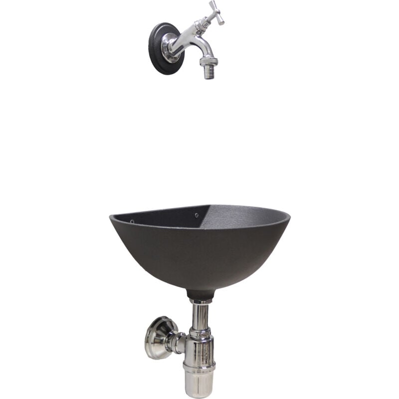 foto del prodotto fonderia bongiovanni fontana a muro modello 600 a parete grigio ghisa casa giardino balcone con rubinetto ottone cromato 303c e sifone con piletta
