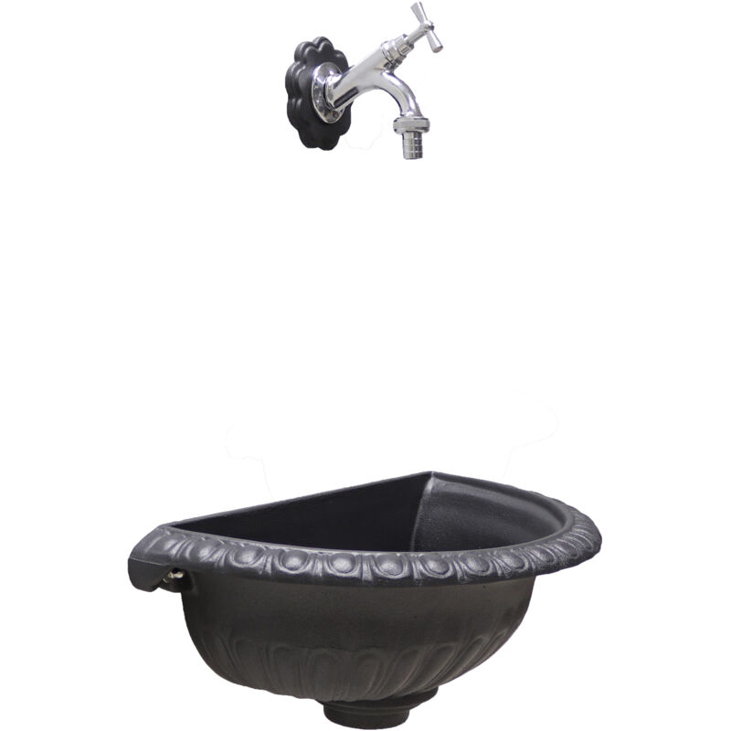 foto del prodotto fonderia bongiovanni vasca a muro liberty per casa giardino da parete esterno balcone grigio ghisa con rubinetto in ottone cromato