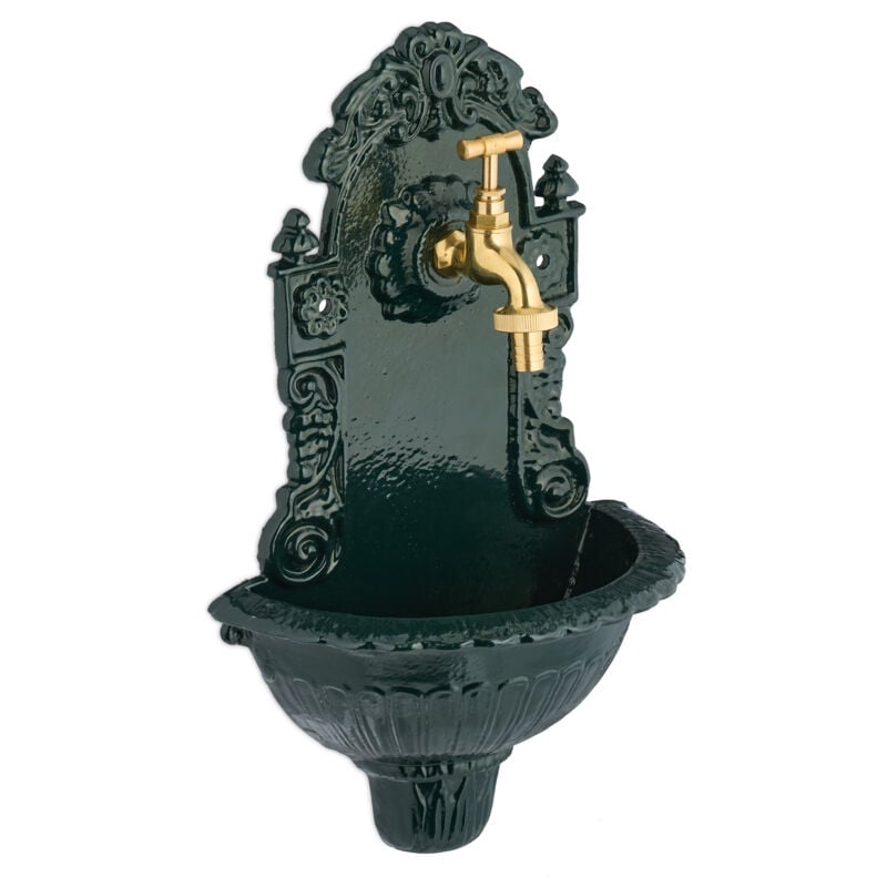 foto del prodotto fontana a muro da esterno, fontanella giardino, vaschetta rubinetto, alluminio, hlp 40x24,5x15 cm, verde oro relaxdays