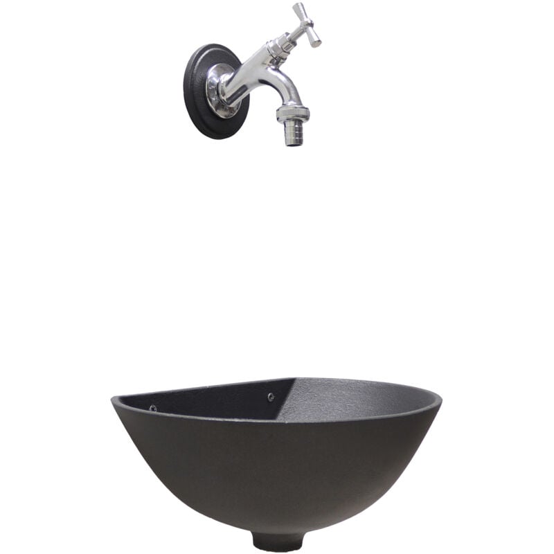 foto del prodotto fontana a muro modello 600 a parete grigio ghisa casa giardino balcone con rubinetto ottone cromato 303c