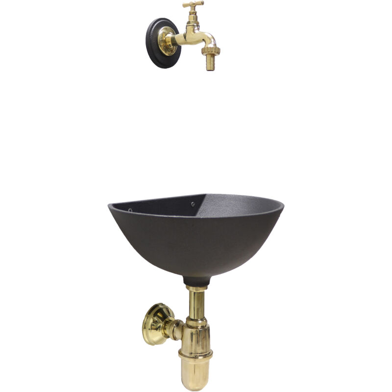 foto del prodotto fontana a muro modello 600 a parete grigio ghisa casa giardino balcone con rubinetto ottone lucido 195l e sifone con piletta