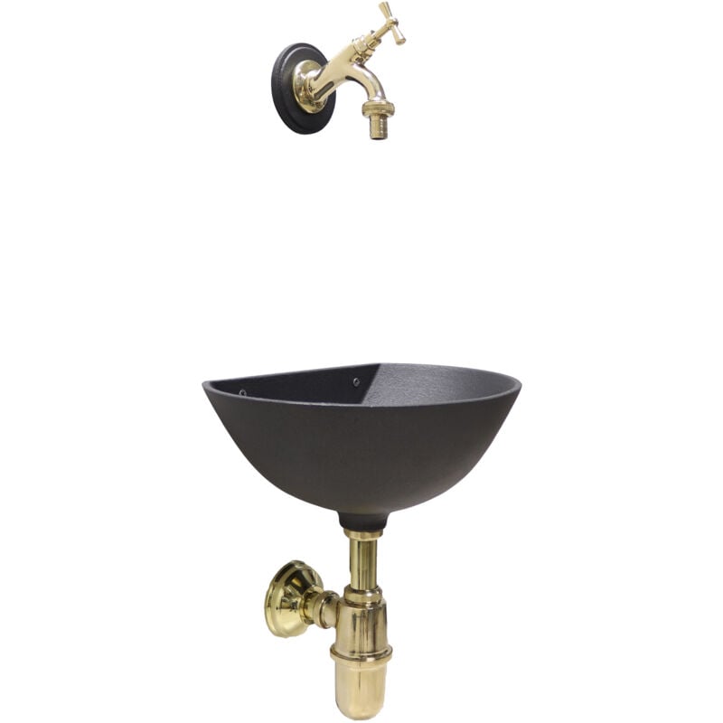 foto del prodotto fontana a muro modello 600 a parete grigio ghisa casa giardino balcone con rubinetto ottone lucido 303l e sifone con piletta