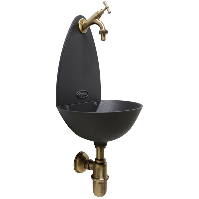 foto del prodotto fontana a muro palma colore grigio ghisa per casa giardino con rubinetto e sifone con piletta in ottone scegli la finitura brunito