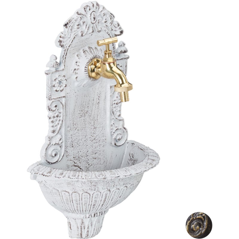 foto del prodotto fontana a parete, con rubinetto, stile antico, lavandino, in lega di alluminio hxlxp 40 x 24,5 x 13 cm, bianca relaxdays