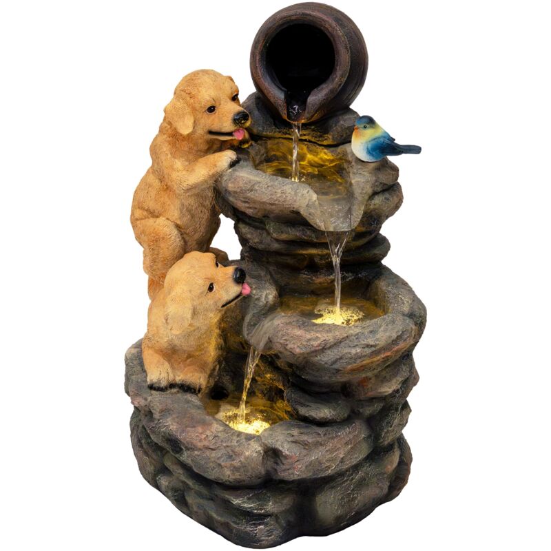 foto del prodotto fontana cascata da esterno in poliresina grigia con 3 luci led bianche calde, pompa elettrica, cavo da 7m canine creek spazzola per pulizia