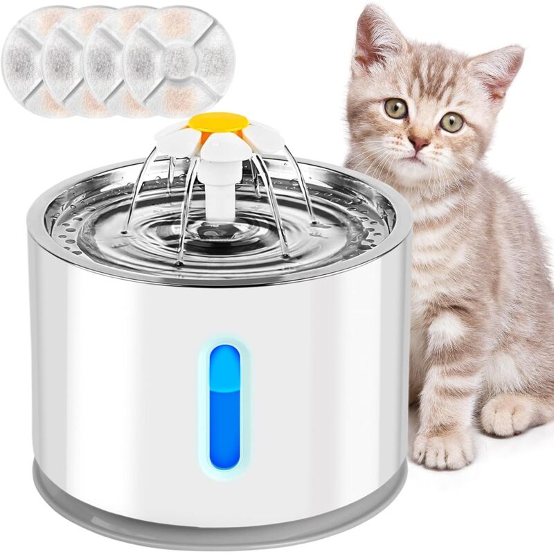 foto del prodotto fontana d acqua per gatti e cani di piccola taglia da 2,4 l, distributore d acqua silenzioso per gatti con 4 filtri a carbone attivo e vassoio in