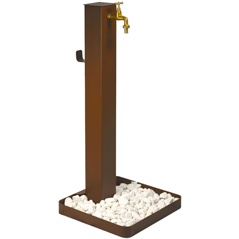 foto del prodotto fontana da giardino design a colonna quadrata rubinetto in ottone e base con ciottoli corten