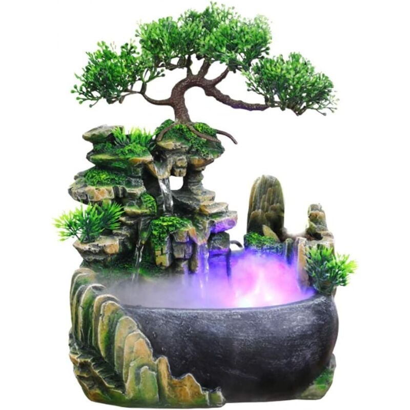 foto del prodotto fontana da interno con illuminazione a led, fontana da tavolo a cascata con nebbia, fontana da tavolo in resina per acquario gardin, fontana da