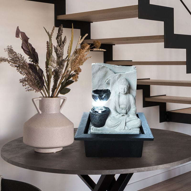 foto del prodotto fontana da tavolo con pompa fontana con illuminazione a led fontana da interno design buddha decorazione grigia, lxlxh 21x18,5x25,5 cm