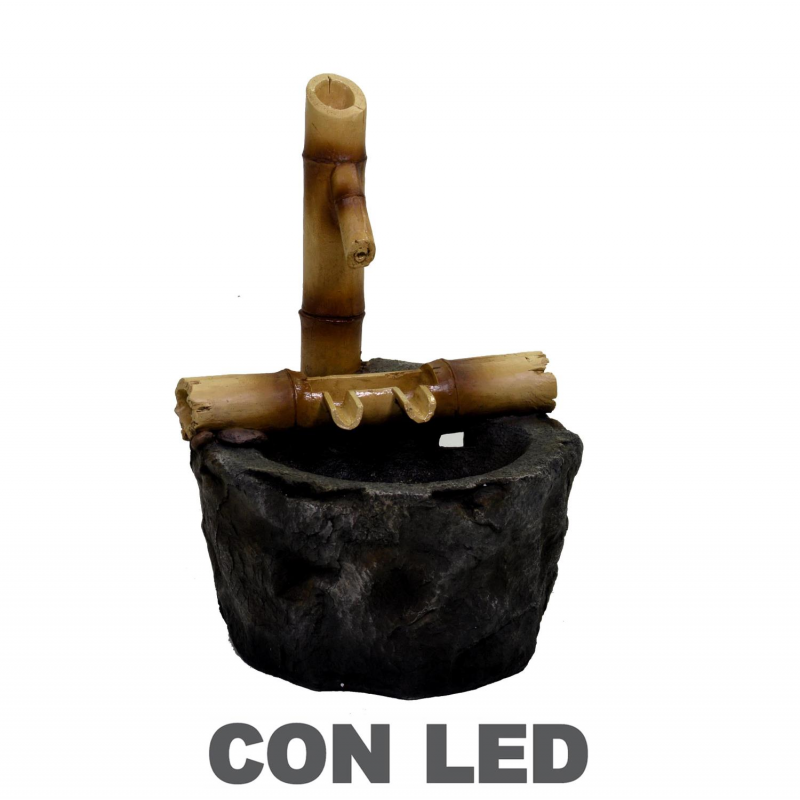 foto del prodotto fontana resina roccia e bambu 39 con led cm30x33h46