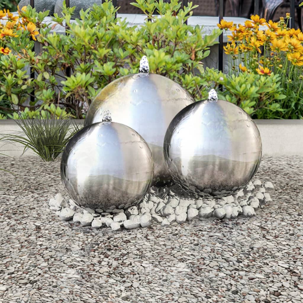 foto del prodotto fontane da giardino a sfera 3 pz con led in acciaio inox 30 cm cod mxl 64517
