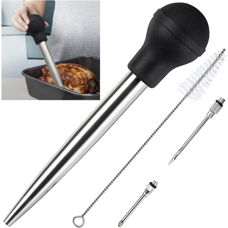 foto del prodotto food grade stainless steel and rubber juice basin with marinade injector and brush for easy cleaning