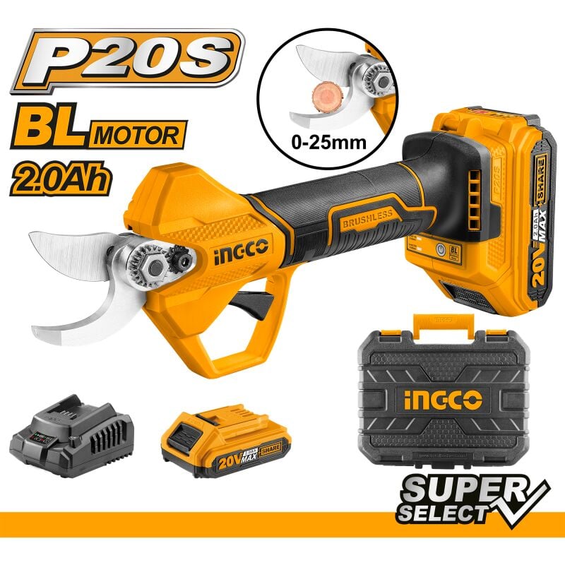 foto del prodotto forbice cesoia da pota a batteria 20v 2,0 ah con motore brushless forbici ingco