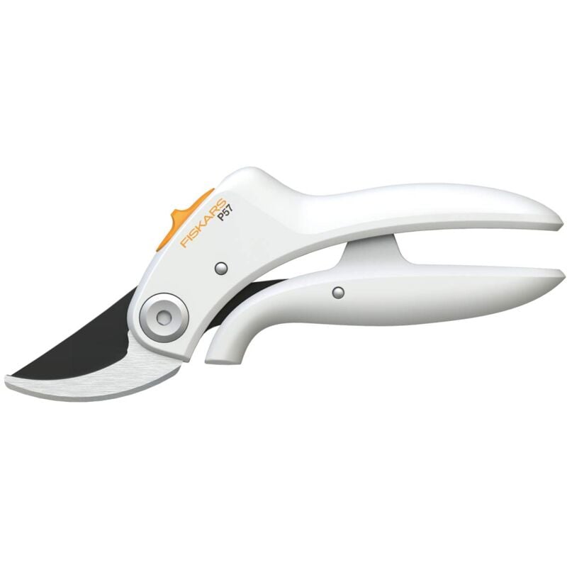 foto del prodotto forbici da giardino p57 con lame bypass per rami freschi e ramoscelli fino a ø 2 cm, lunghezza: 18 cm, peso: 140 g, bianco/arancione, fibercomp/acciaio di qualità, light, 1026916 - fiskars