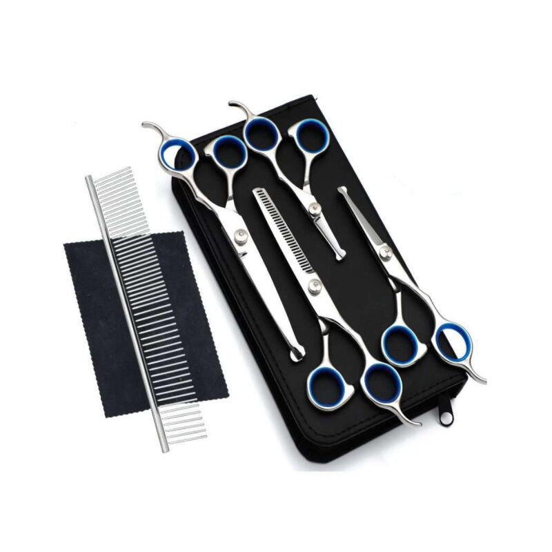 foto del prodotto forbici da toelettatura per cani, kit per toelettatura cani in acciaio inossidabile con punte rotonde di sicurezza, incluse forbici per sfoltire,