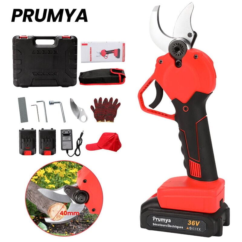 foto del prodotto forbici elettriche professionali da potatura a batteria 750w 40mm con 2 batterie ricaricabili da 2000mah, lame di ricambio e scatole xvx