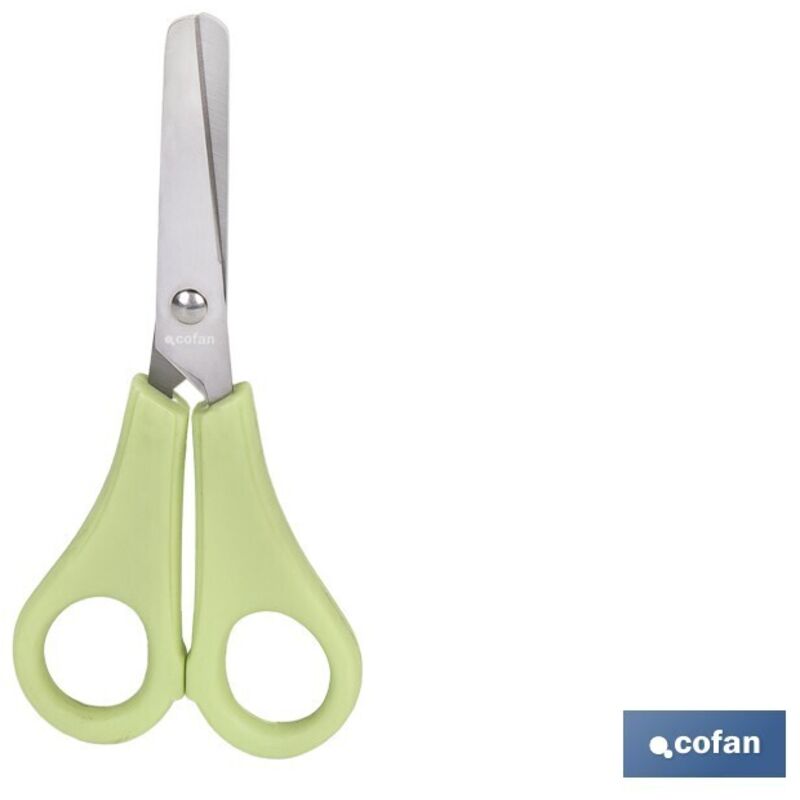 foto del prodotto forbici scolastiche in acciaio inox da 13,3 cm con punte arrotondate e impugnatura bimateriale verde.