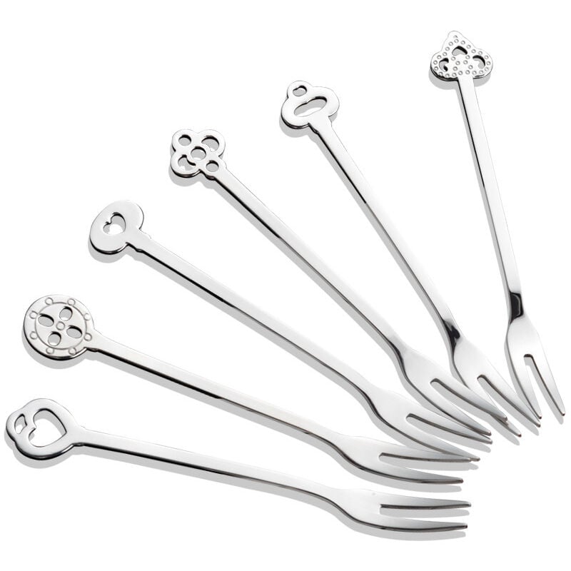 foto del prodotto forchette da frutta e torta in acciaio inossidabile con scatola, 6 pezzi, piccole forchette da dessert, set di posate per degustazione, per feste,