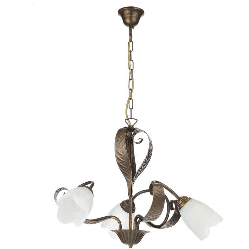 foto del prodotto forgiata lampadario 3 luci, vetro opaco color bianco, metallo marrone spennelato oro, stile rustico onli
