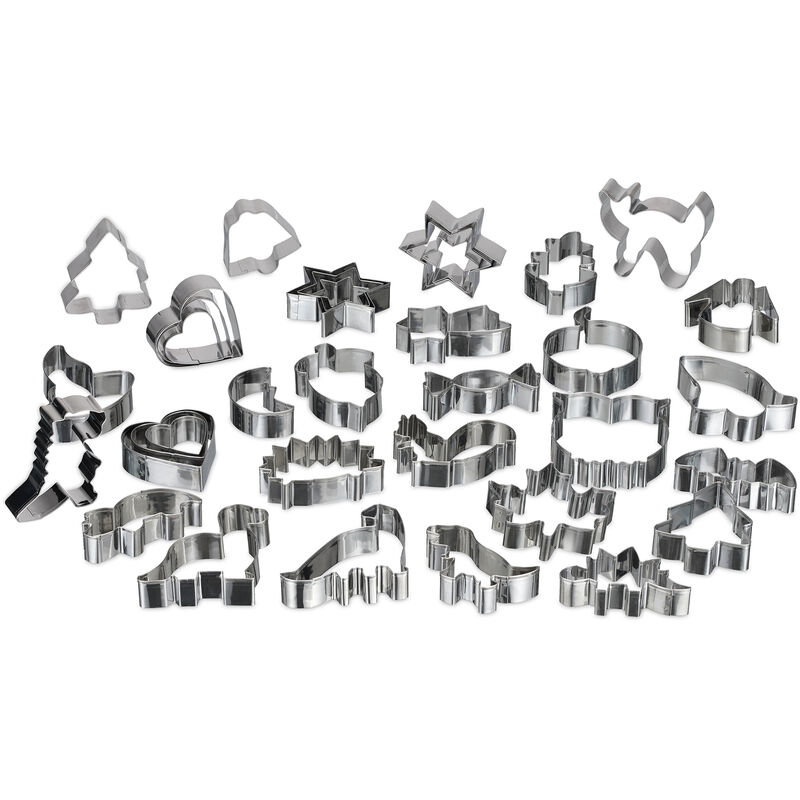 foto del prodotto formine per biscotti, set da 36 stampi, forme dinosauri e stelline, accessori, stampini in acciaio, argentate relaxdays