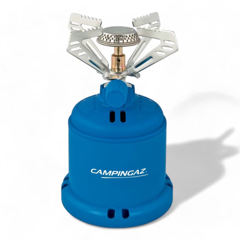 foto del prodotto fornellino gas portatile per campeggio con supporto plastica e stabilizzatore pentola acciaio potenza 1250 watt