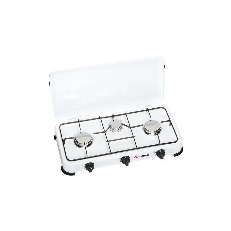 foto del prodotto fornello a gas 3 fuochi da campeggio con 3 bruciatori 2x1500w e 1x1000w bianco