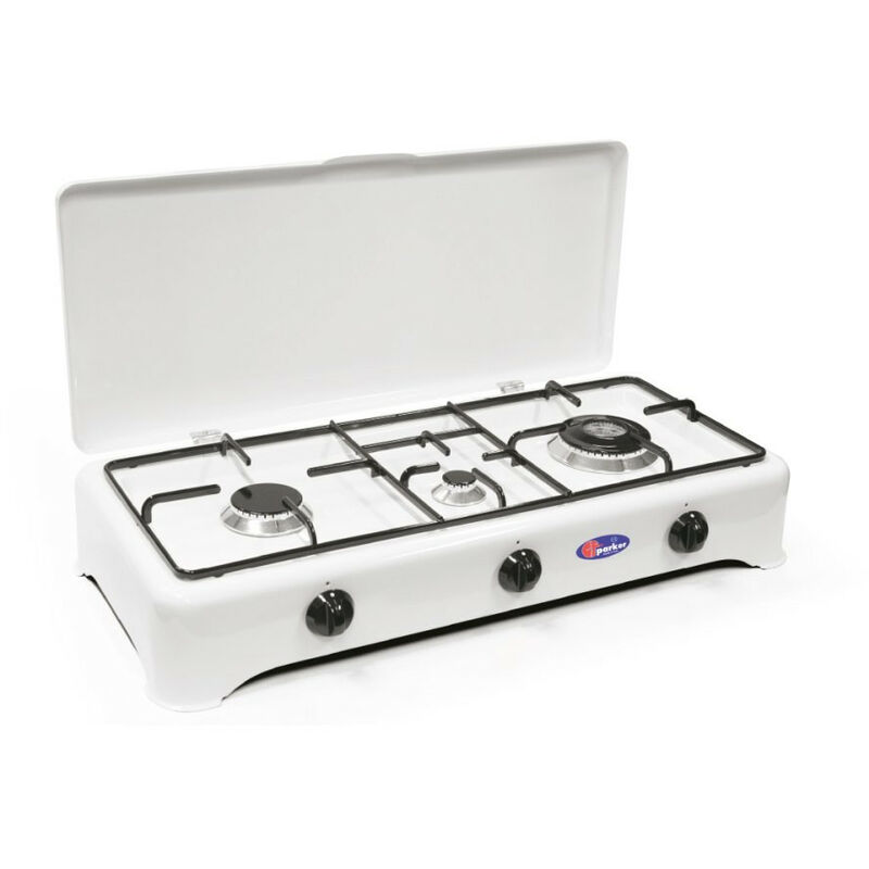 foto del prodotto fornello a gas gpl metano 3 fuochi con valvola di sicurezza con bruciatore doppia corona cfparker mod. 5324gps c metano