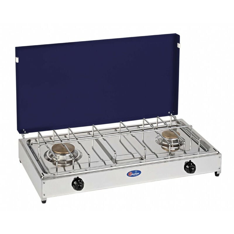 foto del prodotto fornello a gas gpl metano a 2 fuochi pianale in acciaio inox cfparker mod. 5522gb colore grigio blu metano